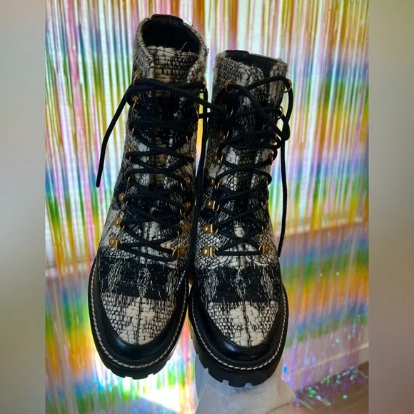 Tory Burch Black and Cream Tweed Lace-Up Block Heel Ankle Boots - Picture 3 of 8